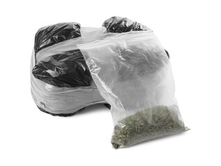Packages with narcotics isolated on white. Drug addiction