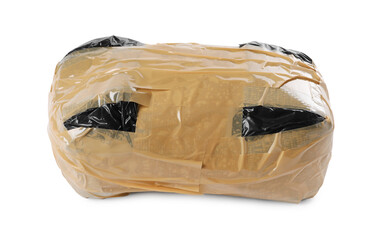 Package with narcotics isolated on white. Drug addiction