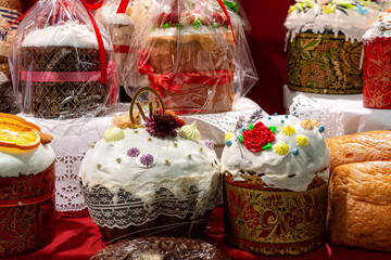 Fresh various traditional Orthodox Easter cakes in bakery showcase. Sale of Easter cakes in the store.