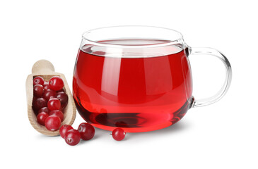 Cup of delicious cranberry tea and berries isolated on white