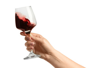 Woman with glass of wine isolated on white, closeup