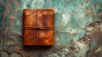 Vintage leather journal on rustic background