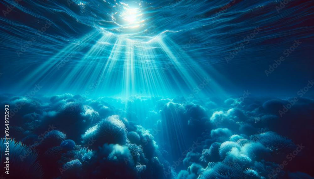 Poster shimmering sunbeams illuminate coral reef in the deep ocean. lively underwater scene. generative ai