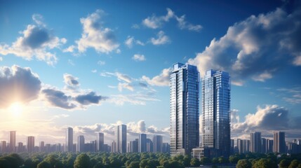 Obraz premium Photorealistic Tall building and behind it a beautiful and sky