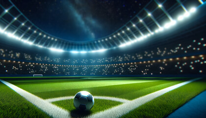 Soccer ball on a vibrant field under a starry sky with stadium lights. Night match atmosphere. Generative AI