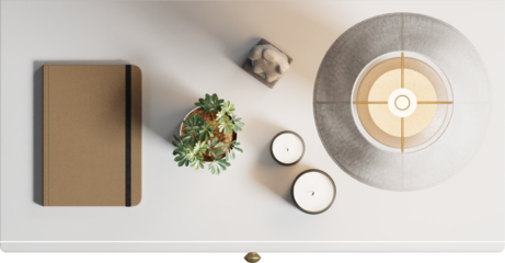 Top view of white bedside table with lamp shade