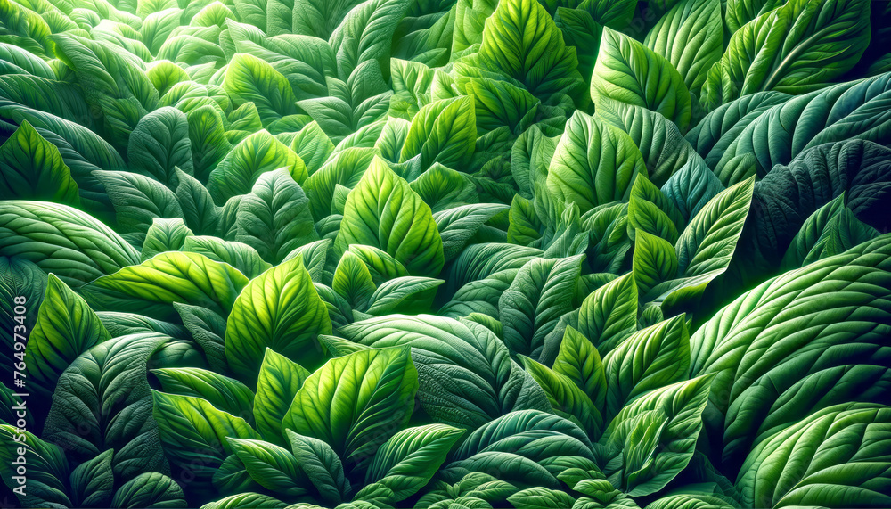 Poster lush green leaves fill the frame with life and textural depth. generative ai