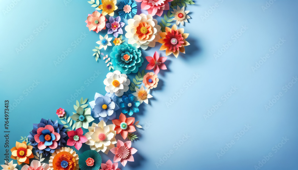 Poster colorful 3d paper flowers cascading on a soft blue background. creativity and nature concept. genera