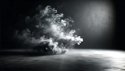 Eerie smoke cloud hovering on dark room corner with concrete floor. Suspense and anticipation...