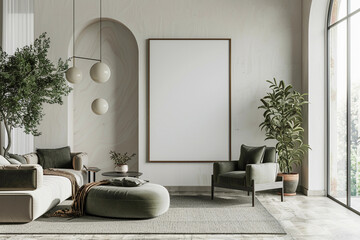 Mock up frame in Elegant Modern Bedroom Interior with Natural Light and Cozy Decor
