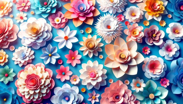 Colorful paper flower art on blue background, playful and vibrant, crafting concept. Generative AI