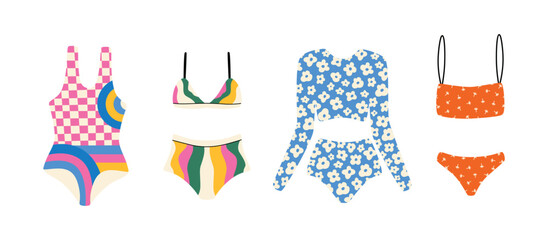 Various swimsuits isolated on white background. Summer cartoon vector illustration.