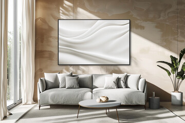 Mock up frame in Modern Living Room with Abstract Artwork and Sunlight