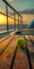 Mobile vertical wallpaper photograph of a tennis ball on a yacht deck at sea. Sunshine.. Story post.