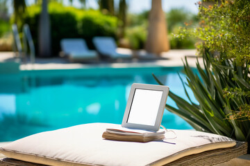 Luxury Poolside Reading Setup with Tablet and Books