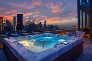 Luxurious Rooftop Hot Tub with Vibrant City Skyline at Sunset