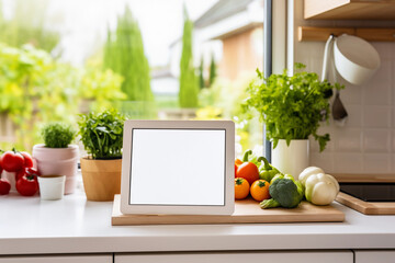 Modern Kitchen Interior with Tablet and Fresh Vegetables