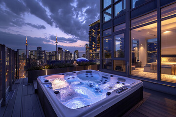 Luxury Rooftop Terrace with Hot Tub and City Skyline at Twilight