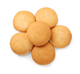 Fresh hamburger buns isolated on white, top view