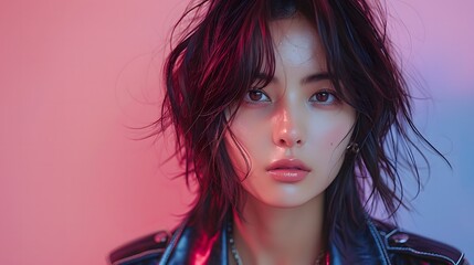 Fototapeta premium Confident asian Woman in Studio Portrait with purple background