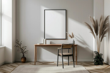 Mock up frame in Minimalist Modern Home Office with Wooden Desk and Plants
