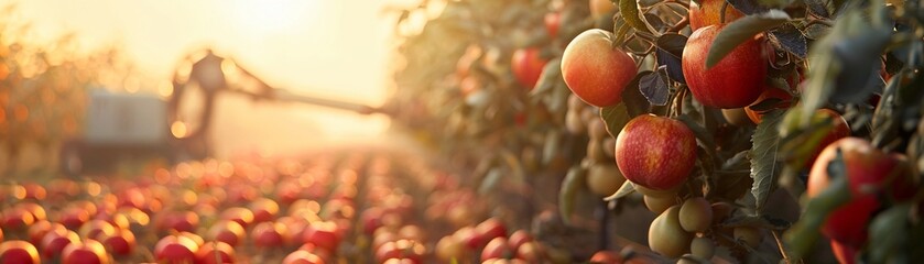 Hightech fruit cultivation, robot in garden, sunrise to sunset - obrazy, fototapety, plakaty