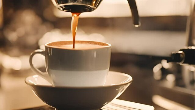 Coffee machine making a cappuccino and espresso hot drink in cafe bar at the morning