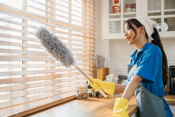 Woman enjoys routine housework cleaning dirty window blinds. Standing with duster and feather whisk...
