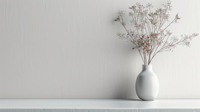 Copy space with vase with flowers, the interior design of the room with empty white wall, Generative AI