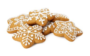 Tasty star shaped Christmas cookies with icing isolated on white