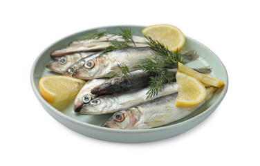 Fresh raw sprats, lemon and dill isolated on white