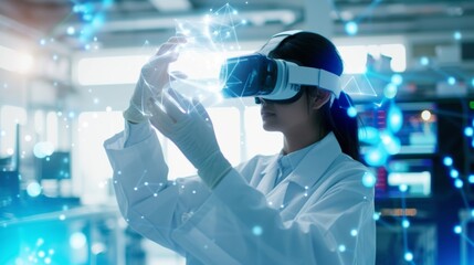 Research scientist working on experiment in a biochemistry lab with the help of VR AR technology
