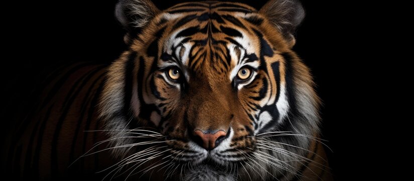 Take a detailed view of a tiger's face against a solid black background for a compelling and striking image.