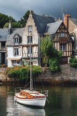 Obraz premium French Village by River with Boats and Historic Houses