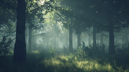 Obraz premium Enchanting Forest Mystical Trees in Soft Sunlight and Mist