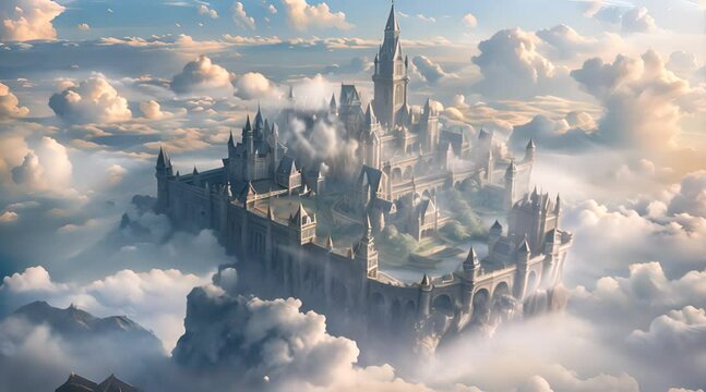 A castle floating in the clouds, with turrets and a drawbridge