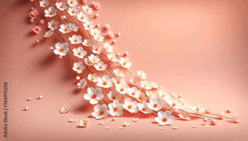 Poster delicate cherry blossoms cascading over soft coral background. spring and renewal theme. generative 