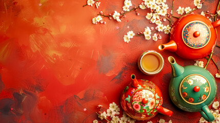 Colorful tea set with blossoms on red background