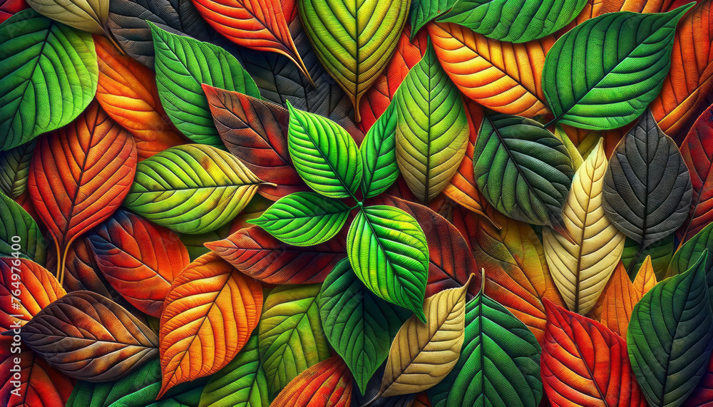 Poster Multicolored leaves in a rich array, displaying an autumnal spectrum. Generative AI