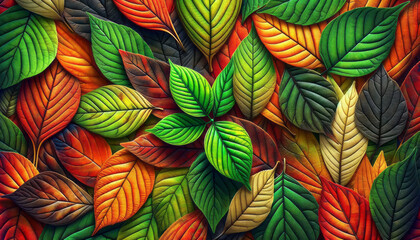 Fototapeta na wymiar Multicolored leaves in a rich array, displaying an autumnal spectrum. Generative AI