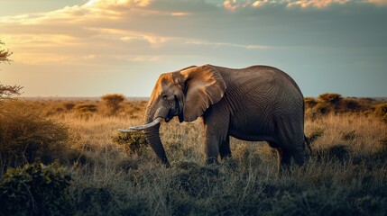 Fototapeta premium African elephant looking for food in the grassland