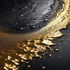 Gold oil paint flows on a black canvas, silver splashes and streaks of brilliant shine. Graphic,...