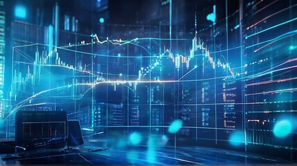 Fototapeta na wymiar Blue Digital Stock Market Pulse: Illustration of stock market graphs resembling a heartbeat monitor, symbolizing the pulse of technology and finance in the city