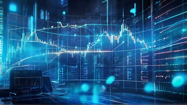 Blue Digital Stock Market Pulse: Illustration of stock market graphs resembling a heartbeat monitor, symbolizing the pulse of technology and finance in the city
