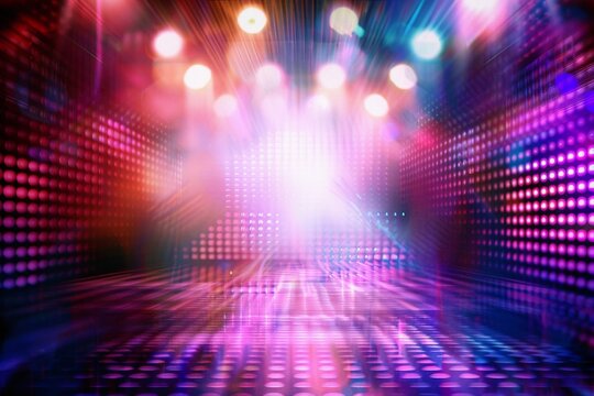 blurred empty theater stage with fun colourful spotlights, abstract image of concert lighting illumination background. generative ai.
