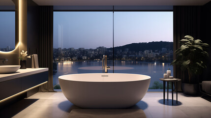 Modern bathroom interior with a large bathtub, a beautiful view of the city and lake at night, and a plant.