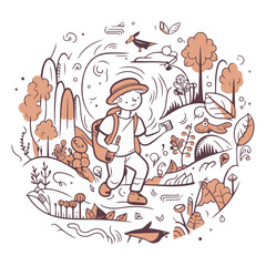 Vector illustration of a boy with a backpack walking in the forest.
