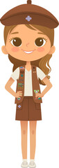 Young smiling girl scout wearing vest with badges isolated on white background. Female scouter, Brownie ligue Scout Girls troop - 764978037
