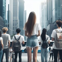 Fototapeta premium People standing on busy city streets.