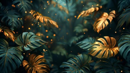 The background of this wallpaper is abstract art gold tropical leaves. It features watercolor, tropical leaf frames, palm leaves, flowers, vivid foliage, exotic greens, and gold brush glitter. - obrazy, fototapety, plakaty
